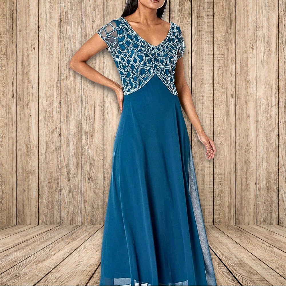 Formal Beaded Gown • J Kara Sz 8 Teal Cap-Sleeve • Perfect for Prom or Wedding